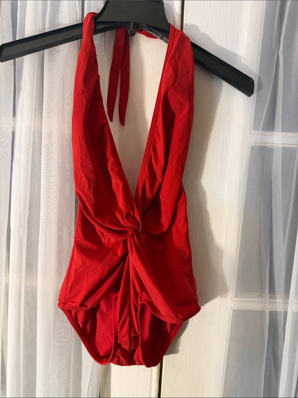 Karla Colletto Red Halter Plunge Twist Front One Piece Swimsuit Size 10 - Picture 2 of 8